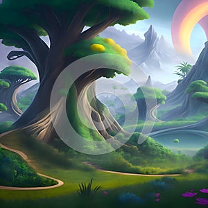 painterly image of the swirly picturesque landscape of a dreamworld scene.