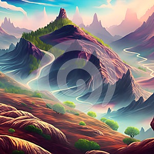 painterly image of the swirly picturesque landscape of a dreamworld scene.