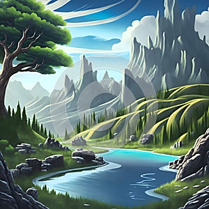 painterly image of the swirly picturesque landscape of a dreamworld scene.