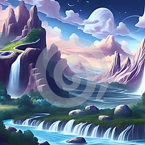 painterly image of the swirly picturesque landscape of a dreamworld scene.