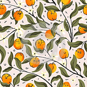 Painterly seamless apricot pattern with cute funny apricot characters growing on a branch.