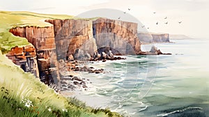 Painterly Watercolor Illustration Of Cliffs With Birds In The United Kingdom