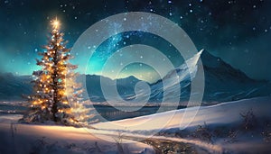 Painterly winter night scene of a Christmas tree with golden light and snowflakes on a dreamy blue-lit mountain background.
