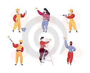 Painters. Crowd professional workers wall painting garish vector stylized people