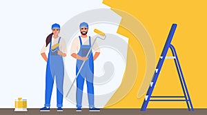 Painters woman and man painting house wall with roller brush. Decorator job, interior renovation service. Vector illustration