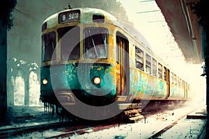 Painting of an abandoned train at the old station. Urban art. Free brushstrokes.