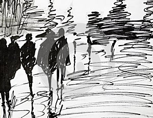 Painting abstract city and silhouettes of people. Abstract artistic background. black and white