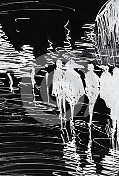 Painting abstract city and silhouettes of people. Abstract artistic background. black and white