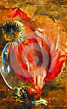 Painting of abstract red poppy with glass and water elements