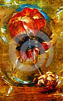 Painting of abstract red poppy with glass and water elements