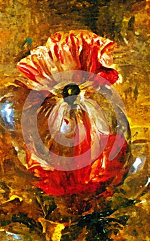 Painting of abstract red poppy with glass and water elements