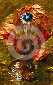 Painting of abstract red poppy with glass and water elements