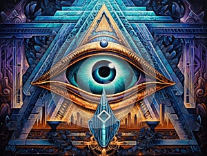 A painting of an all seeing eye, an eye of Horus.