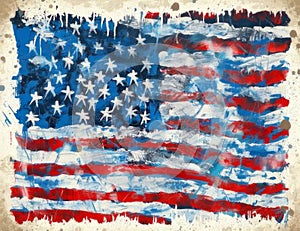 A painting of the American flag with a red background and orange stars