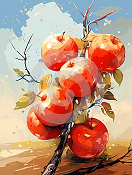 A Painting Of Apples On A Branch