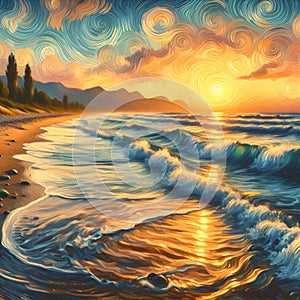 A painting art of a beautiful tranquil beach, with sunrise view, seashore, gwntly waves, reflection water, tree, Van Gogh style