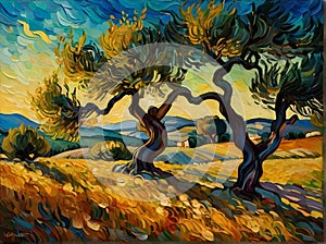 A painting art of gnarled olive trees bathed in golden light, set againts a rolling hills, endless fields of vibrant green