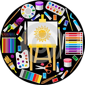 Painting art tools. Cartoon paint arts vector artistic elements, brush, palette, watercolor tubes, easel, canvas