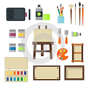 Painting art tools palette icon set flat vector illustration details stationery creative paint equipment.