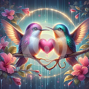 A painting art of two cute hummingbirds, in a love scene, flower, holding a heart between them, rain drops arounds