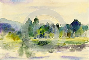 Painting art watercolor landscape original colorful of mountain