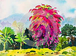 Painting art watercolor landscape original colorful of paper flowers.