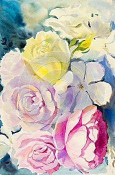 Painting art watercolor landscape original colorful of the roses.