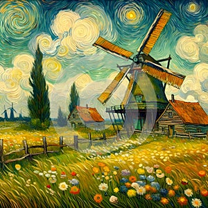 A painting art of windmil and the farm house, in a whimsical meadow, beautiful flowers arounds, Van Gogh style, sky, clouds, tree