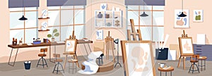 Painting atelier interior. Fine art studio with easels, canvas and podium. Artists creative class panorama. Modern