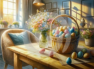 A painting of a basket of Easter eggs on a table