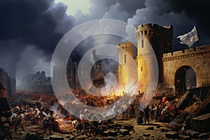 Painting of Bastille\'s Fall: Concept for Celebrating French Revolution, Freedom Emergence, and Historic European Conflict.