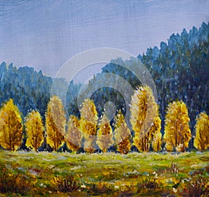 painting beautiful autumn tree on canvas. Autumn harmony. Painting sunny autumn landscape