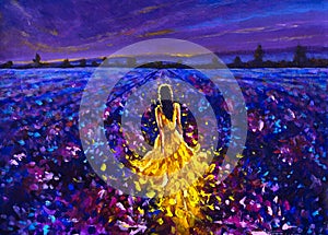 Painting beautiful Bright glowing girl in yellow walks through the night purple pink lavender field