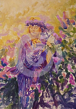 painting beautiful girl and Pink purple beautiful lilac flowers among green foliage