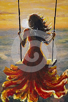 painting of a beautiful girl in a red dress riding on a swing at sunset