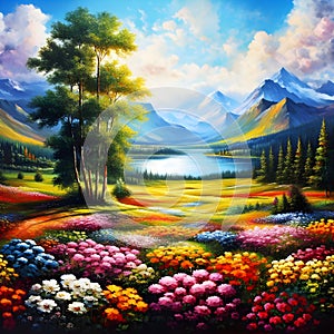 Painting of beautiful mountain and lake view with a field of colorful flowers, tree, sky, clouds, nature, relaxation