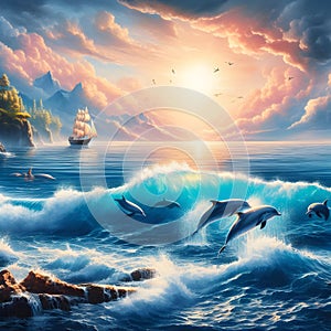 A painting of a beautiful ocean with the dolphins swimming on the waves, sunset, sunrise, wallart