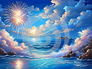 A painting of beautiful ocean in the night with fireworks, reflection water, wallart design, wallpaper