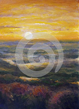 painting beautiful sunrise sunset over misty field - rustic landscape nature art