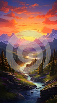 A painting of a beautiful sunset over a river