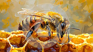 A painting of a bee on a honeycomb