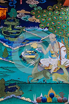 Painting of a benevolent contemplative sage and symbols of longevity, Punakha Dzong