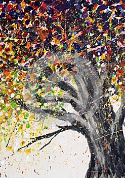 painting big old tree with colorful Rainbow foliage art