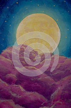 painting big planet moon and pink clouds on blue background