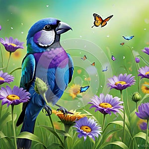 painting of bird singing in field of flowers with butterfly nearby and a