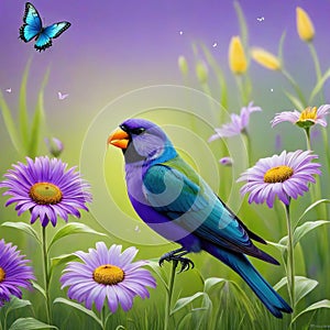 painting of bird singing in field of flowers with butterfly nearby and a