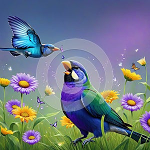 painting of bird singing in field of flowers with butterfly nearby and a