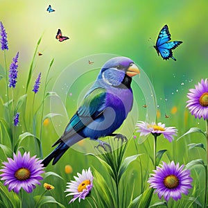 painting of bird singing in field of flowers with butterfly nearby and a