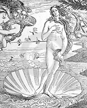 Painting The Birth of Venus detail by Sandro Boticcelli in the old book La Peinture Italienne, by G. Lafenestre, 1885, Paris