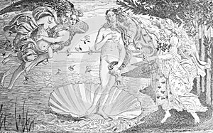 Painting The Birth of Venus by Sandro Boticcelli in the old book La Peinture Italienne, by G. Lafenestre, 1885, Paris